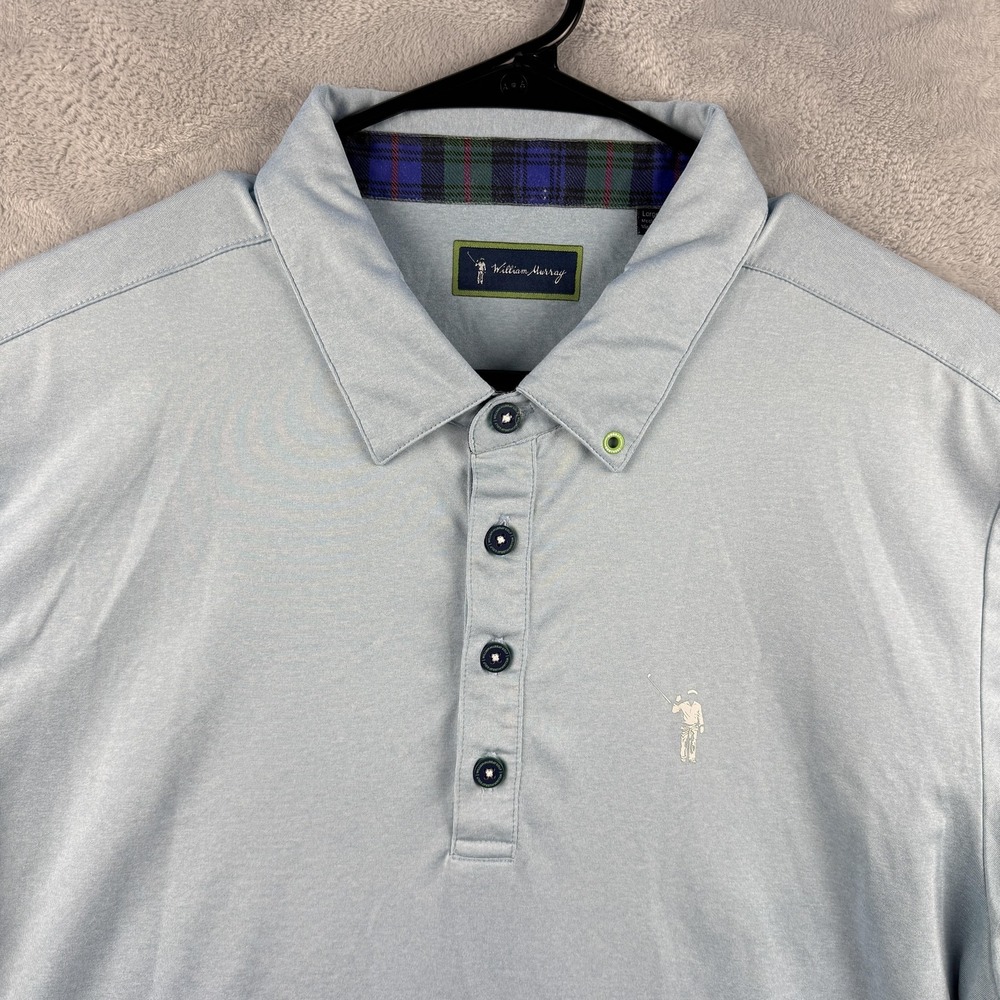 William Murray Polo Shirt Mens Large Blue Plaid Collar Golf Performance Stretch - Picture 3 of 9